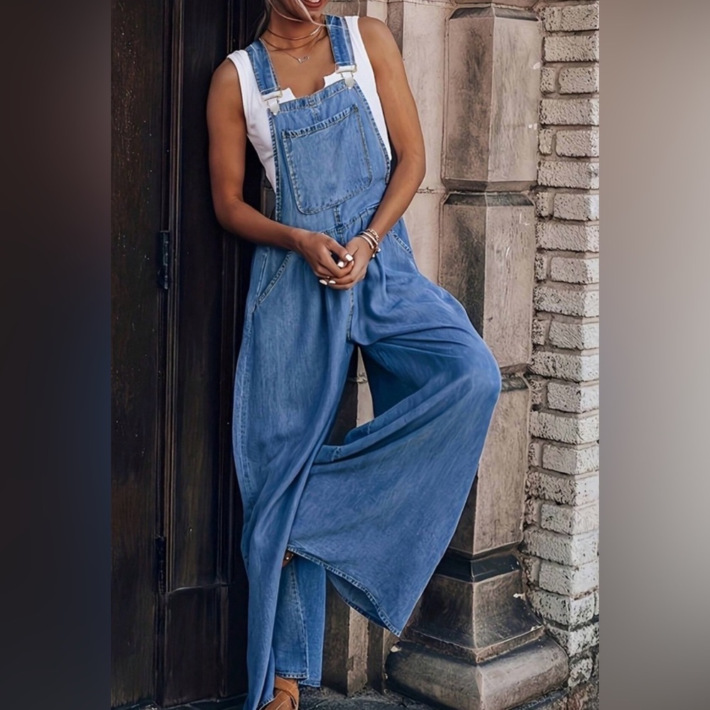 Medium Wash Pockets Wide leg Jean Denim overalls